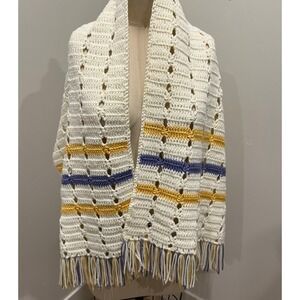 Hand-crocheted‎ cream scarf - yellow and purple with fringe